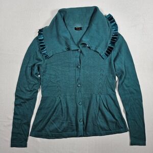 Bask Cardigan Teal Collared Ruffle Button Front Womens S Sweater Cotton Cashmere